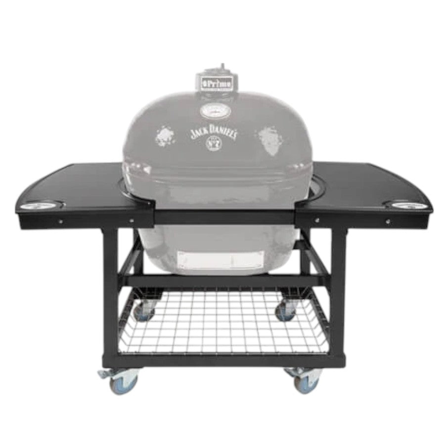 The Primo Ceramic Grills 2-Piece Island Top - Jack Daniel's Edition installed on a Primo grill cart, showing the full setup