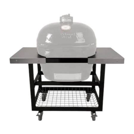 : A close-up of the front of the Primo Ceramic Grills Cart Base with Basket & Stainless Side Shelves, highlighting the basket and wheel