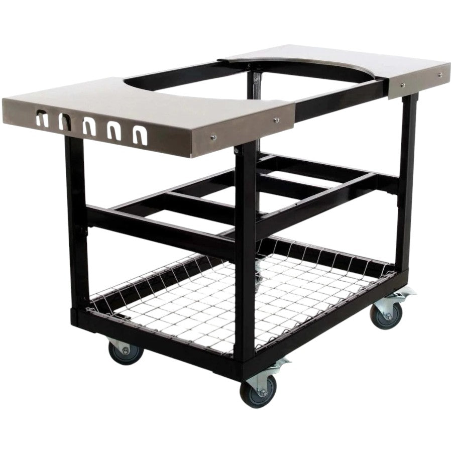 A detailed view of the stainless steel side shelf of the Primo Ceramic Grills Cart Base, showing its construction