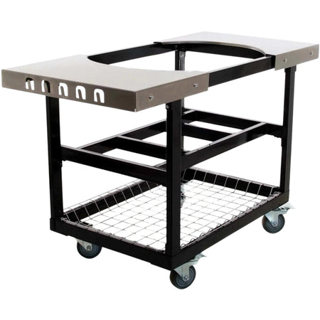 A detailed view of the stainless steel side shelf of the Primo Ceramic Grills Cart Base, showing its construction