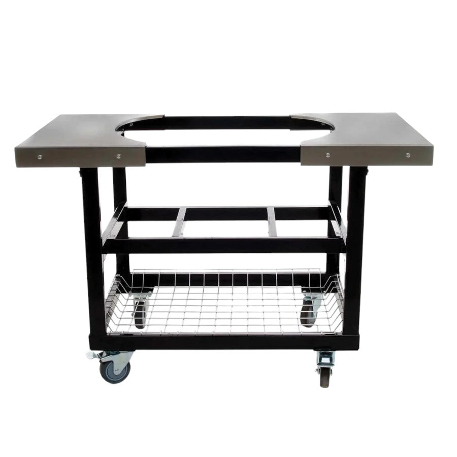 A full view of the Primo Ceramic Grills Cart Base with Basket & Stainless Side Shelves, with a ceramic grill placed on top, ready for use