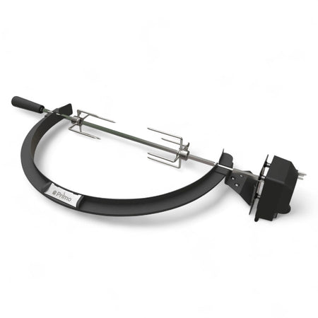 A Primo Ceramic Grills Oval Rotisserie Kit laid out on a white background, displaying the spit rod, motor, and other components