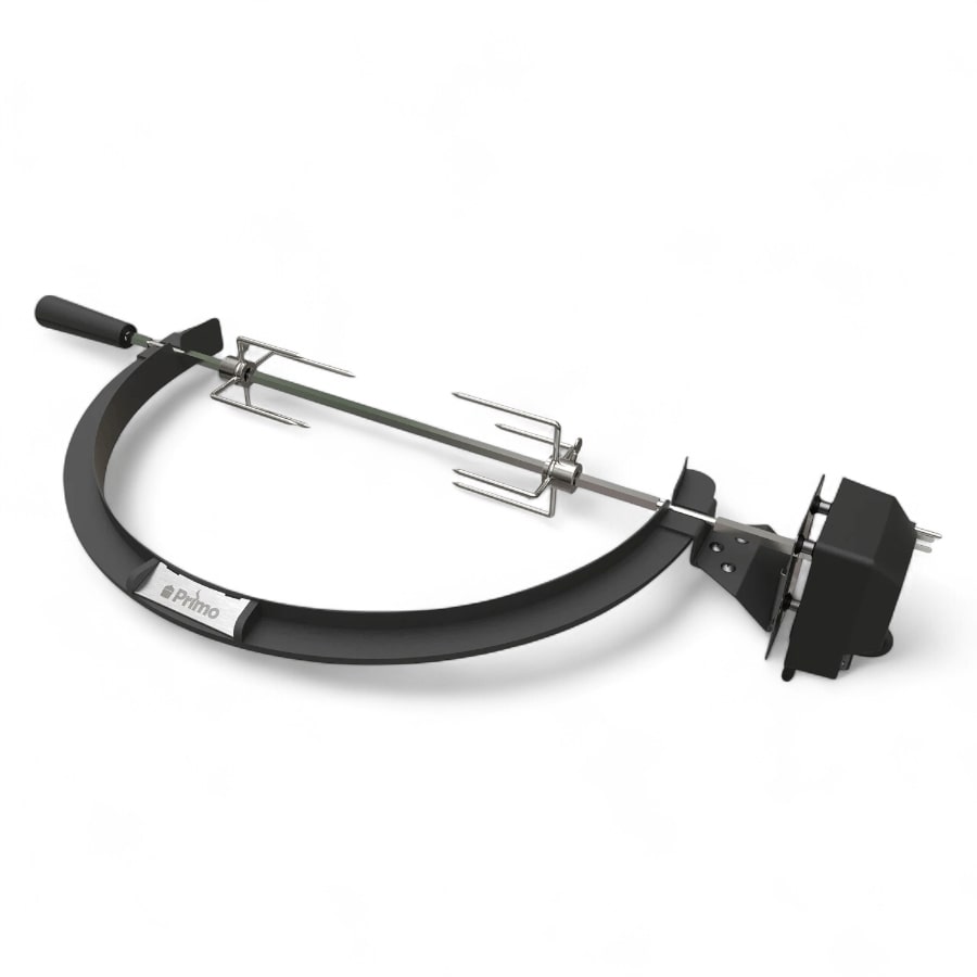 A Primo Ceramic Grills Oval Rotisserie Kit laid out on a white background, displaying the spit rod, motor, and other components