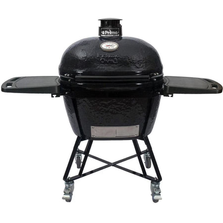 Front view of Primo Oval X-Large All-in-one Kamado Ceramic Grill with closed lid