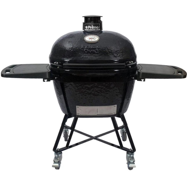 Front view of Primo Oval X-Large All-in-one Kamado Ceramic Grill with closed lid