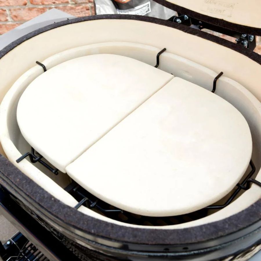 Close-up of ceramic heat deflectors in Primo Oval XX-Large Kamado Grill