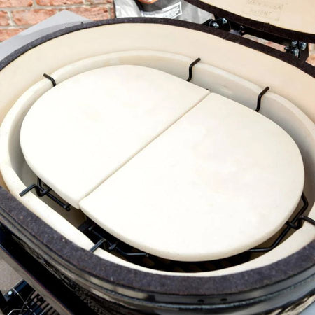 Close-up of ceramic heat deflectors in Primo Oval XX-Large Kamado Grill