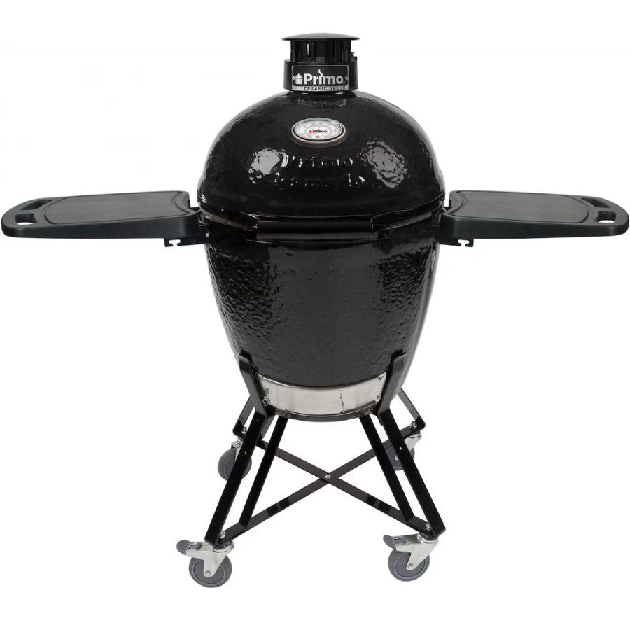 Front view of the Primo Round All-In-One Kamado Grill with side tables