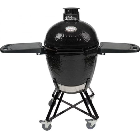 Front view of the Primo Round All-In-One Kamado Grill with side tables
