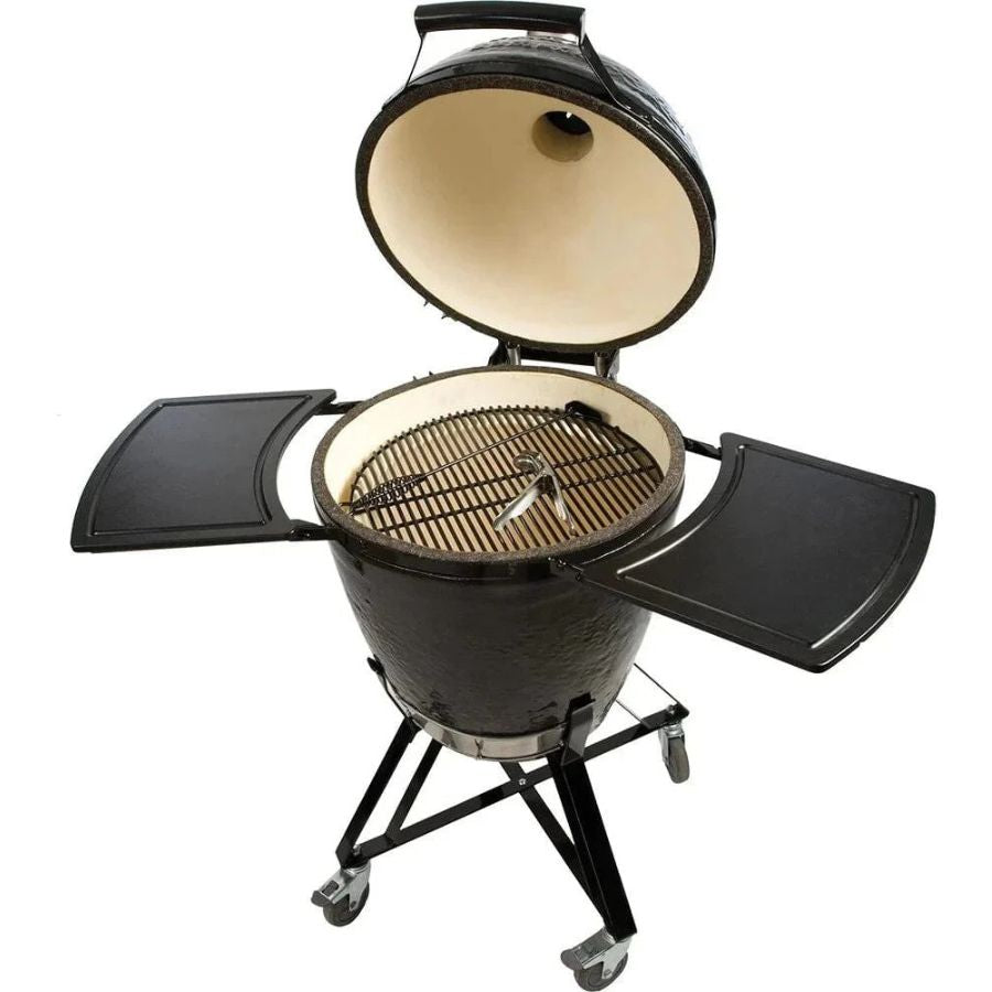 Primo Round All-In-One Kamado Grill with lid open showing interior setup