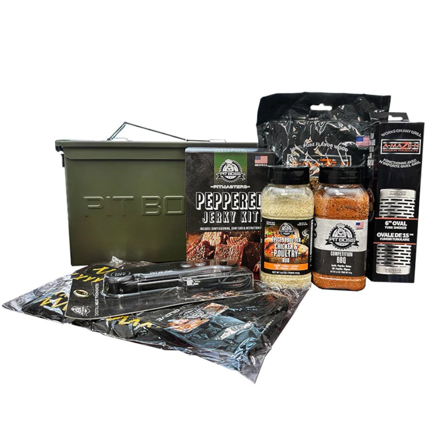 Pit Boss Small ammo can kit bundle including rubs and sauces.